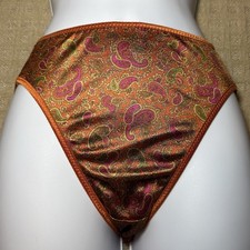 NWOT Vintage 90  s Shiny Orange Paisley Satin Hi-Cut Bikini Panties S/5