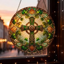 Celtic Cross St Patrick Day Faux Stained Glass Suncatcher, Lucky Gifts