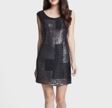 ADRIANNA PAPELL Black Gunmetal Metallic Sequin Beaded Mini Cocktail Dress 8P = M