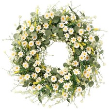 White Daisy Wreath 24 Inch with Fake Silk Floral Green Eucalyptus Leaves and ...