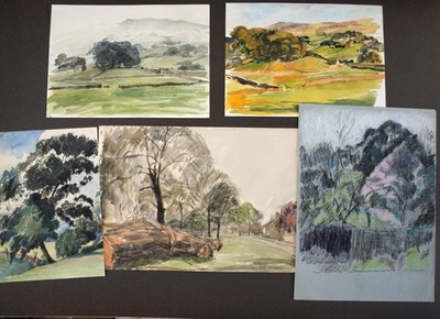 Studio von Jeff Stultiens 1944-2023. 5 Landschaften. 4 Aquarelle & 1 Graphit.