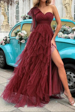 Women Size 2XL Burgundy Red Orchid Ruffled Tulle Maxi Wedding Dress Bridesmaid