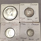 Canada Silver Coin Lot 4pcs: 1967 $1 KM#35 .800 + 1939/1949 25C, 1920 10C