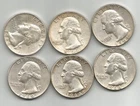 LOT OF 6 NICE SILVER WASHINGTON QUARTERS (1964) - $1.50 FACE VALUE - TAKE A L@@K
