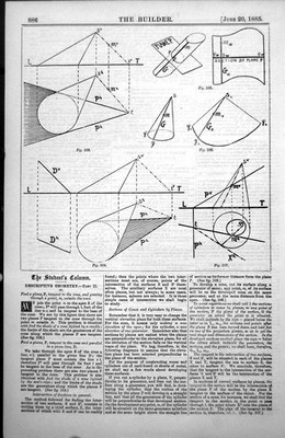 Antiker alter Druck beschreibende Geometrie Fund Ebene Tangente Kegel Notizen 1885