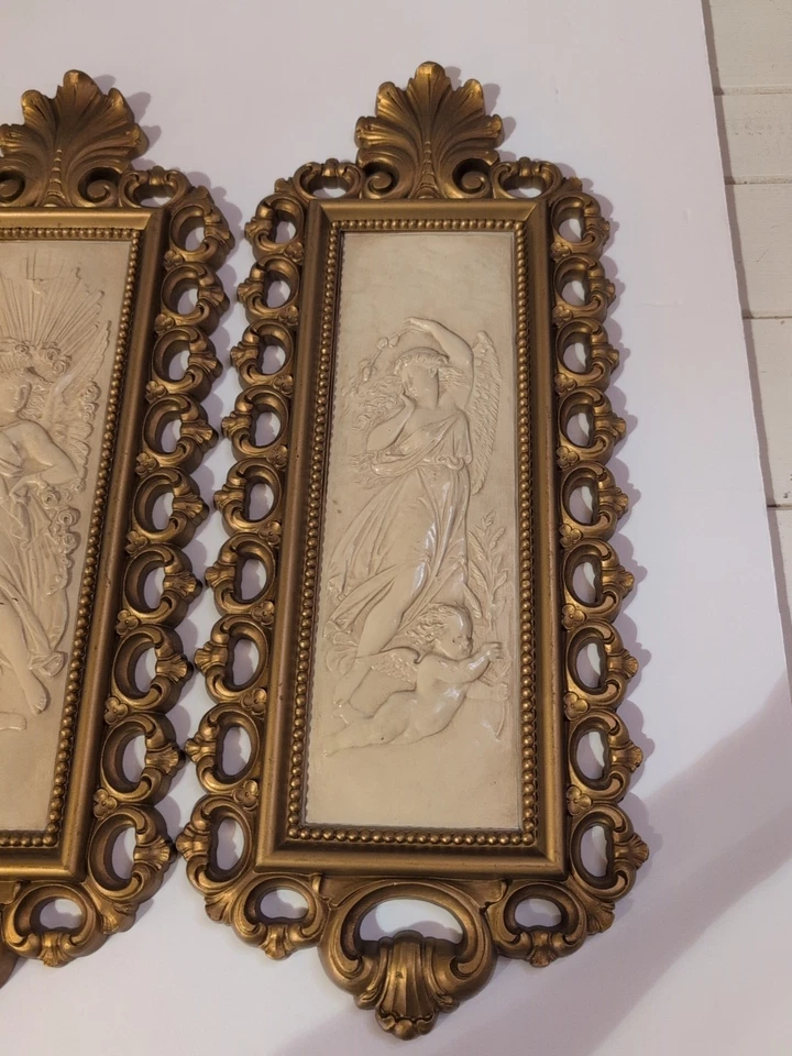 复古一对 Homco 飞镖塑料装饰墙板 新艺术运动 女士 带小天使 — 第 3/4 张图片