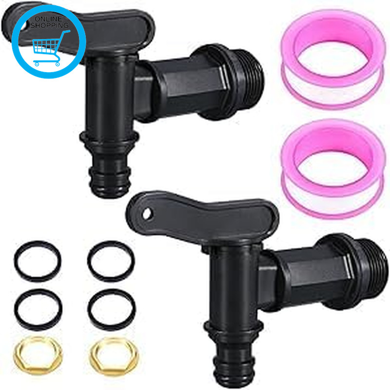 2Pcs 3/4"" Water Butt Tap with Brass Nut Snap-Fit BSP Thread Black Plastic Connec