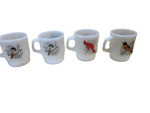 Anchor Hocking Fire King Cardinal Blue Jay Chickadee Stacking Mugs 4 