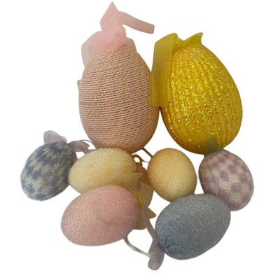 Easter Egg Hanging Ornaments 8pc Set Twine Glitter Fuzzy Pastel Spring Decor
