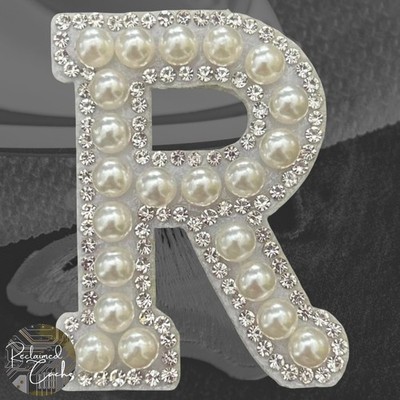 Letter R White Faux Pearl with Rhinestones Iron On Patch Craft Applique