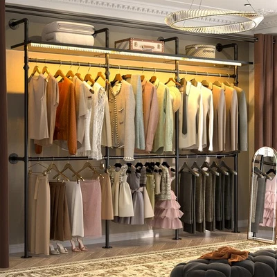 HOMIEASY Open Box Wall Mounted Clothes Rack Industrial Pipe Closet System with LED Light