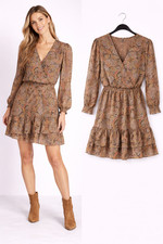 Michael Kors Smocked Waist Tiered Dress Size XL Paisley Long Smocked Sleeve