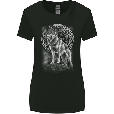 Nordic Wolf Viking Damen T-Shirt Gildan Regular Fit Kurzarm Schwarz Slim