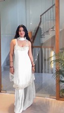 New Fancy Faux Georgette Top Palazzo With White Dupatta For Indian Reception