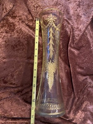 Antique Art Nouveau Moser Clear Hand Blown & Painted Gold Vase 13.5 H