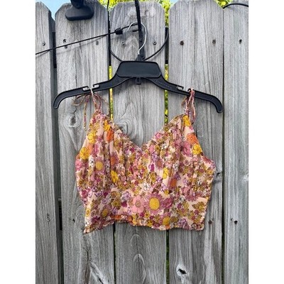 70s Boho Festival Patrons of Peace Floral Crop Top Womens Medium Pink Orange