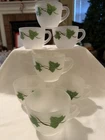 7 -Vintage Cups Federal Glass Punch Bowl Cups Satin Frosted Ivy Green Lot of 7