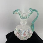 Fenton French Opalescent Floral Melon Pitcher Green Crest L. Everson Signed