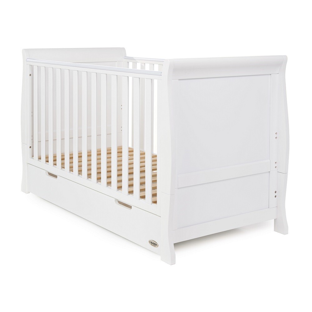 Obaby Stamford Classic Sleigh Cot Bed for Baby to Toddler with Drawer in White