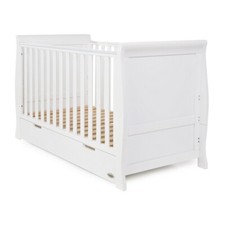 Image of Obaby Stamford Classic Sleigh Cot Bed for Baby to Toddler with Drawer in White