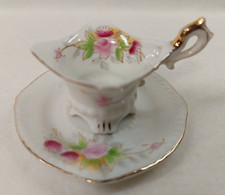 Cup  Saucer Square Miniature Footed Roses Floral Japan Vintage FAST SHIPPING