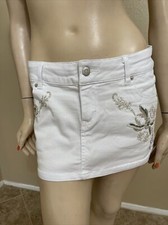 Women  s White Denim Cotton Casual Summer Beaded Embroidered Zipper Size M Skirt