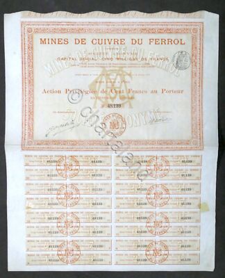 Stock Certificate - Mines de Cuivre du Ferrol - Paris - 1907
