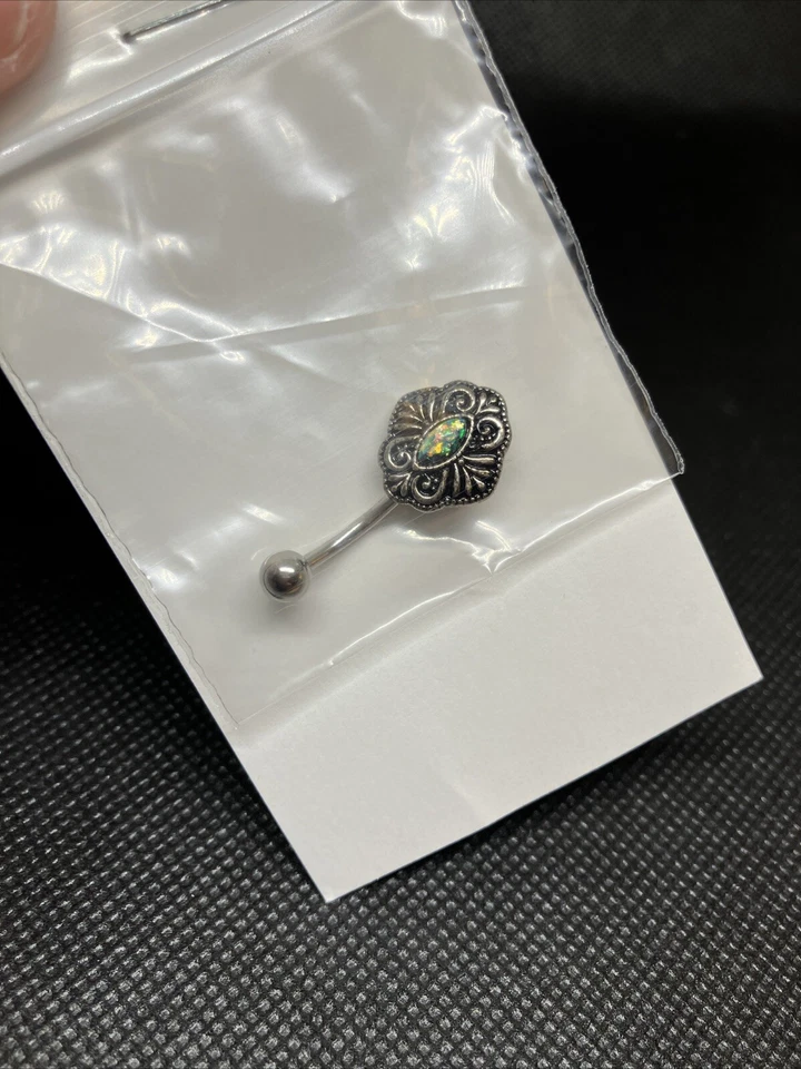 Anillo ombligo de acero inoxidable aspecto antiguo, imitación, brillo ópalo #712 Foto 3 de 4