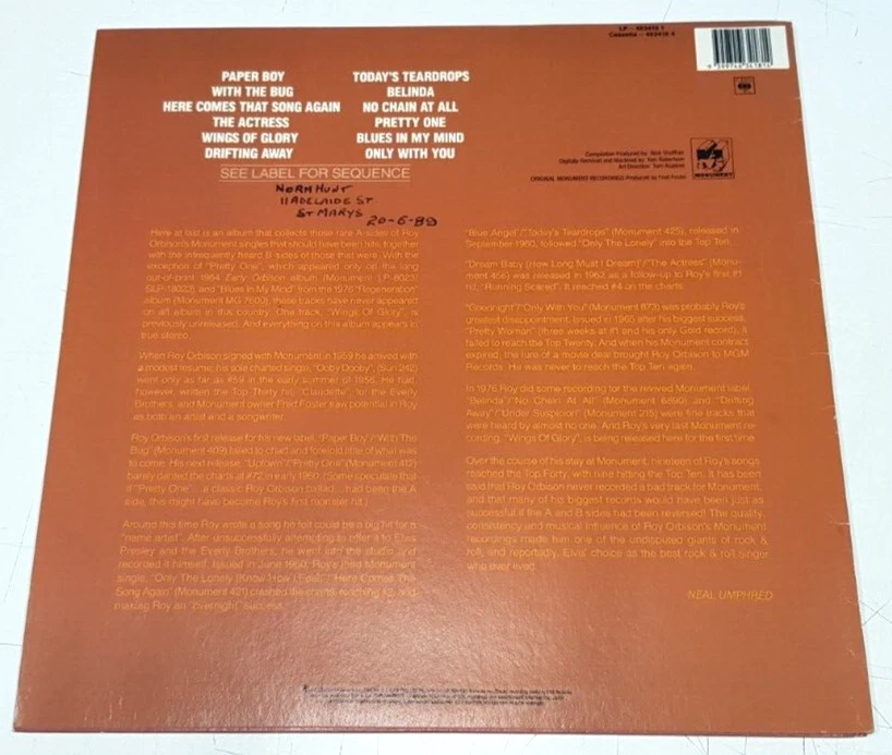 Roy Orbison "Rare Orbison" 1989 Aust 1st.Press Excellent+++ Vinyl LP - Image 3 of 4