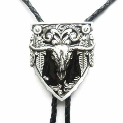 Bull Skull Longhorn Western Cowboy Rodeo Black Enamel Bolo Tie