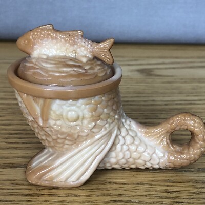 中古 美品 Tappy Shape Glass Fish 5'6 茶 Pisello Chocolate Glass Dolphin Fish Lidded Mustard Dish 2.75