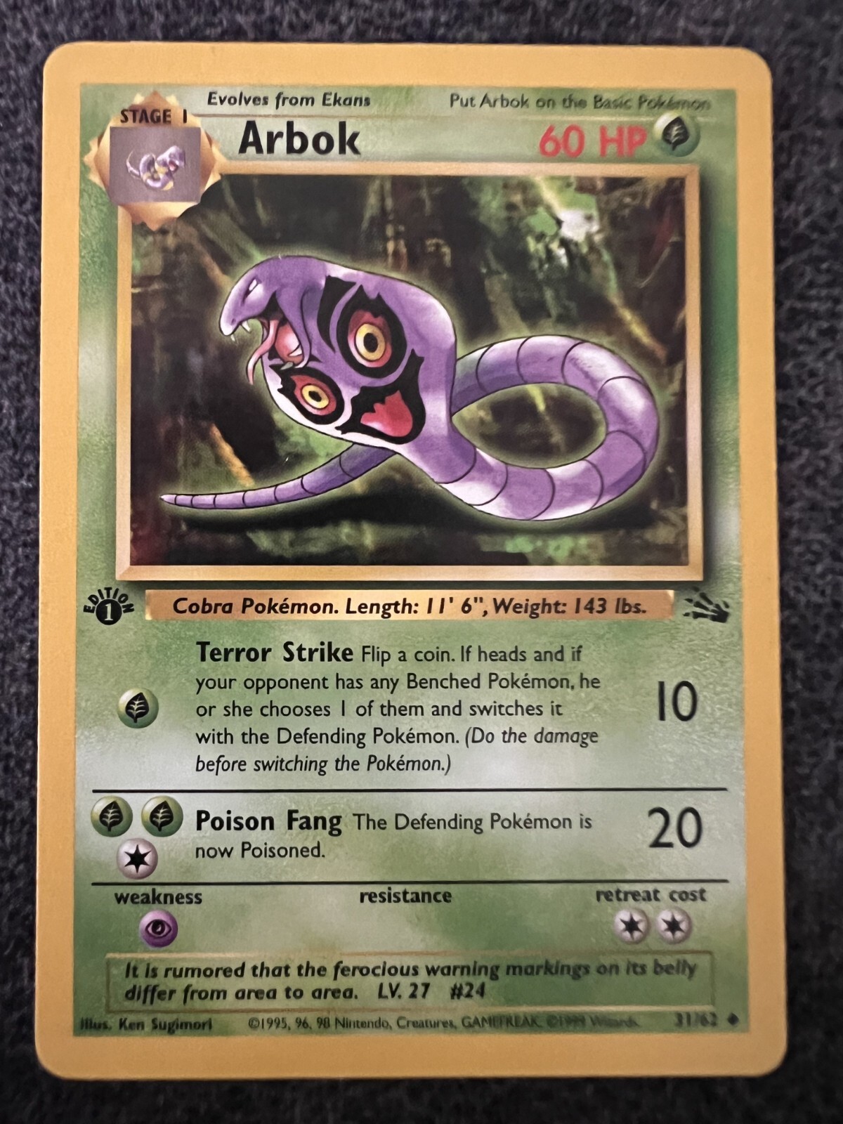 Arbok 31/62 Uncommon 1st Edition Pokemon Card  Lightly Played