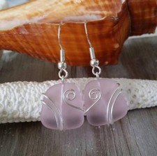 Hawaiian Jewelry Sea Glass Earrings, Wire Pink Earrings, Sea Glass Jewelry For