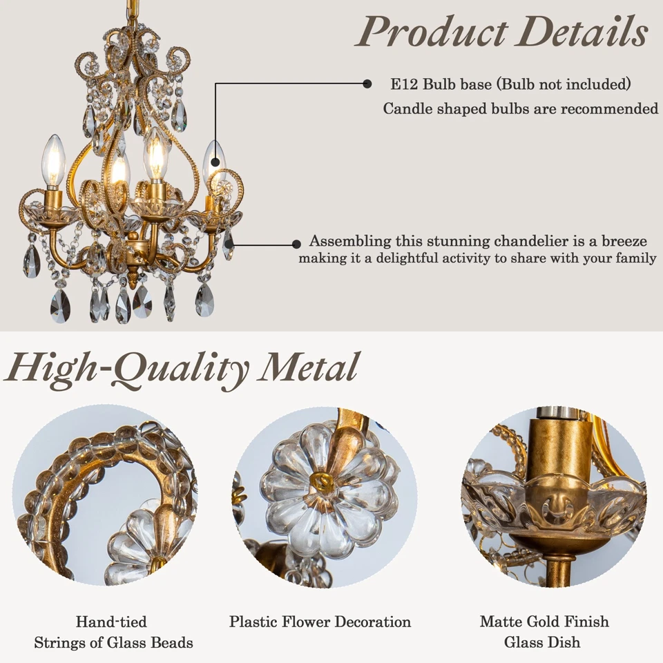 4-Lights 13" Small French Crystal Chandelier in Antique Gold - Image 4 of 4