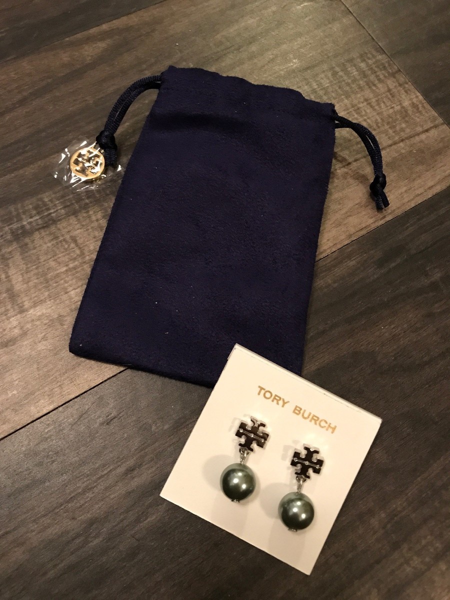 NWT Tory Burch Logo Pearl Drop Earrings In Silver Grey Color