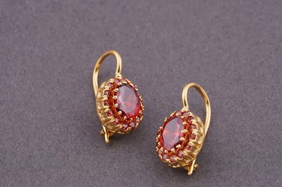 Oval Cut Simulated Red Ruby Women's Drop/Dangle Earrings 14k Yellow Gold Plated