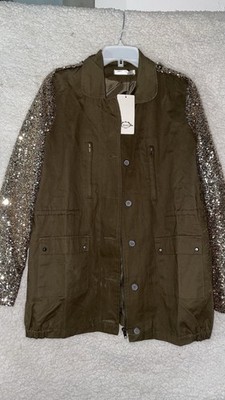 Vera & Lucy size Large ladies Khaki Jacket Sequin Sleeves New With Tags Bougie