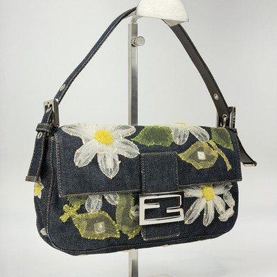 Auth FENDI Mamma Baguette Blue Denim Floral Daisy Lace Shoulder