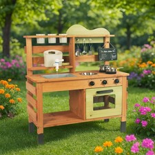 Outdoor Kitchen for Kids,Mud Kitchen Wooden Toy Playset with Kettle, Sink, Wo...