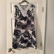 Dana Buchman | Navy and White Palm Print Sleeveless Embroidery Dress | Size S