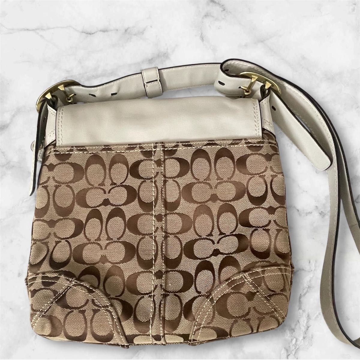 COACH Signature Shoulder Bag Beige x Brown Excellent Condition Canvas Leather wi thumbnail 5