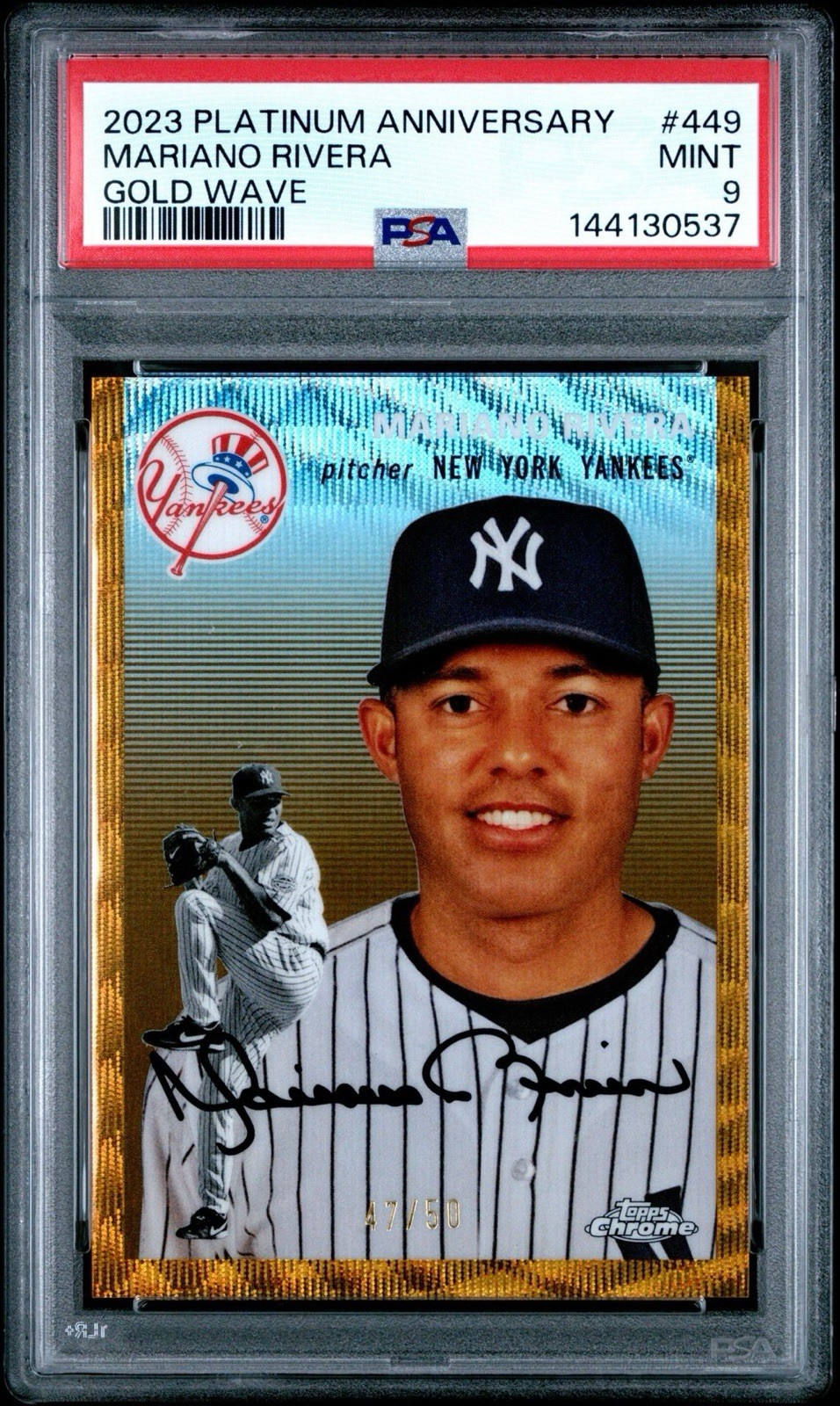 Mariano Rivera 2023 Topps Chrome Platinum Anniv. Gold Wave Refractor /50 PSA 9