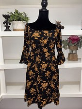 Jeceika Floral Yellow-black Off Shoulder Dress Knee length With Bell Sleeve -S