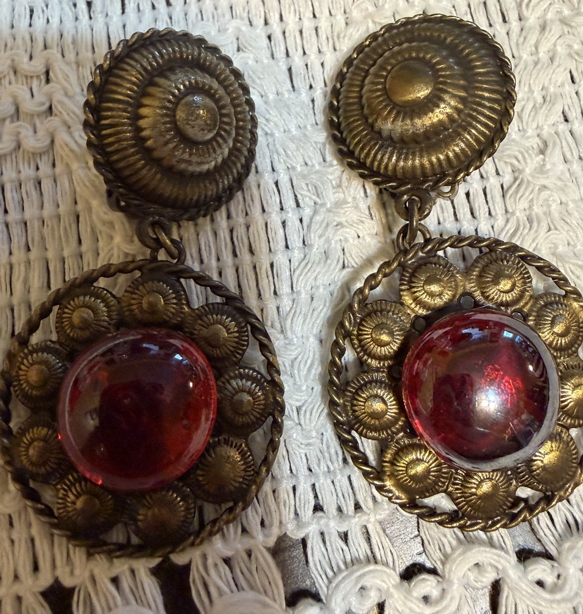 Ellen Designs Clip‑On Earrings Brass Tone Red Glass Cabochon • Statement Dangle