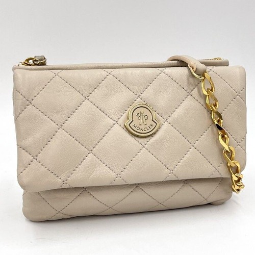 MONCLER Quilted Leather Chain Shoulder Bag Beige Gold Hardware Women Authentic