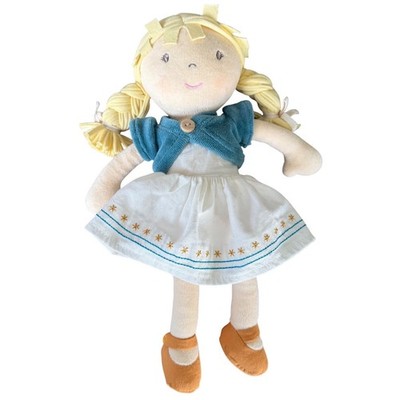 Bonikka Soft Fabric Rag Doll Blonde Pigtails Teal Shrug Star Blue Eyes Linen