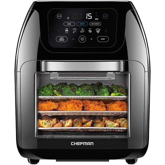Chefman 10 Qt Digital Air Fryer + Rotisserie, Fry Roast Bake, 17 Presets Black