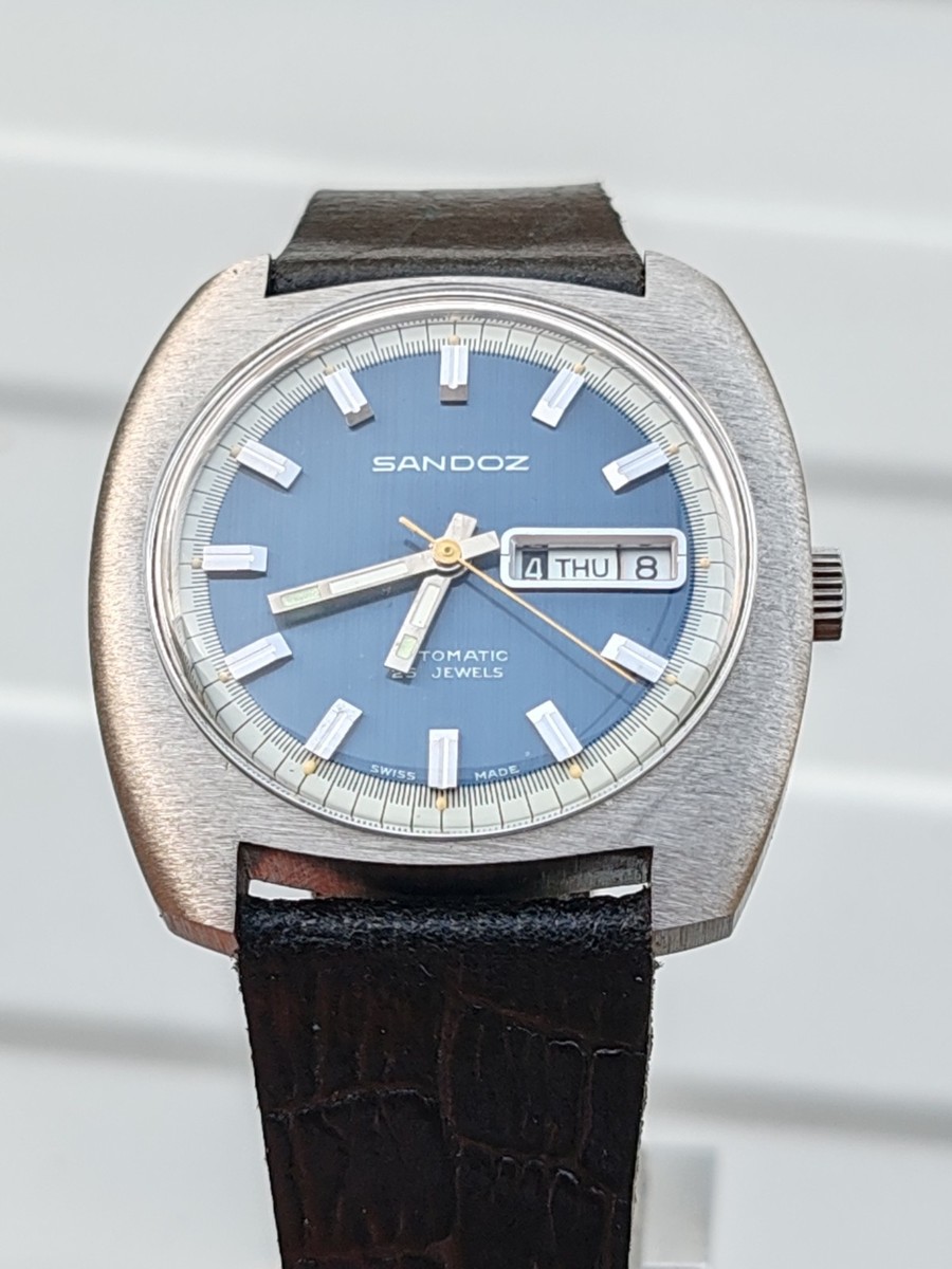 Vintage Sandoz 1782Z-84-8 Automatic 25J Blue Dial Steel Date 1970s