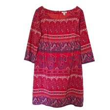 Old Navy Dress M Red Paisley Shift Zip Back 3/4 Sleeves Lined