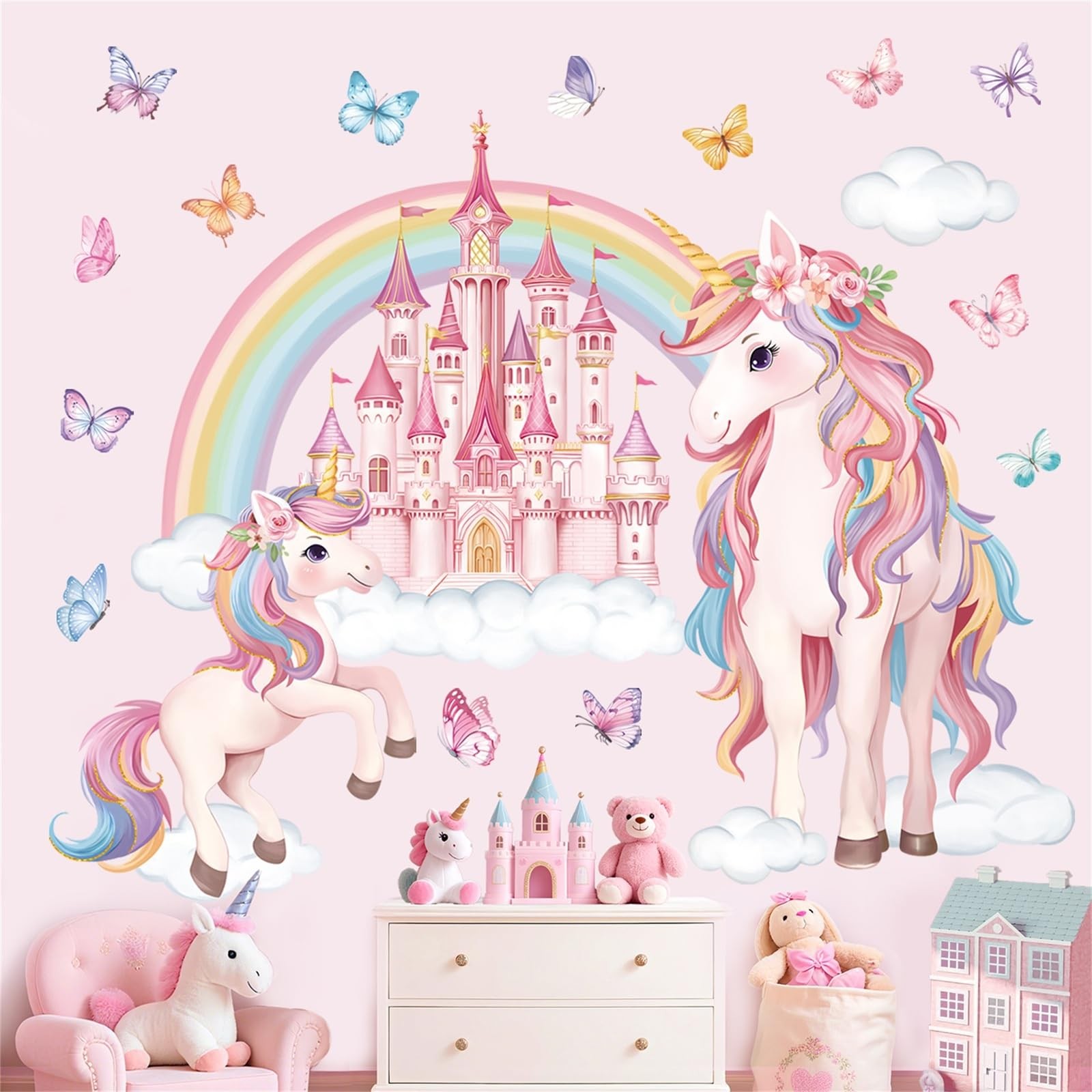 Stickers Muraux Licorne Arc-en-ciel pour Créer un Coin Lecture Féerique Rose